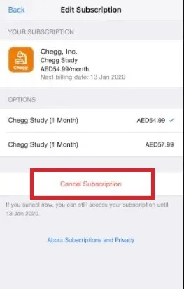 Go to the Chegg subscription icon. Then hit the Cancel Subscription icon