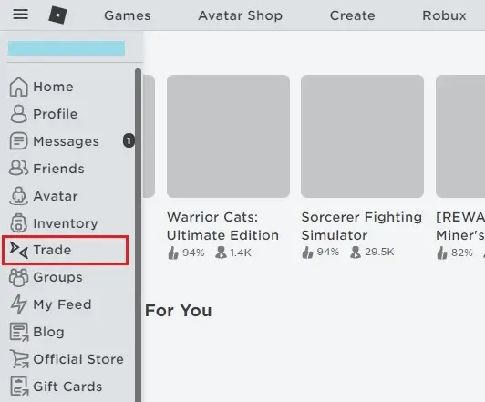 Launch Roblox on your browser. Navigate to the left-side menu on the homepage and hit the "Trade" icon